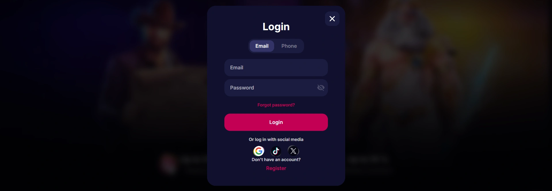 Page de connexion NV Casino