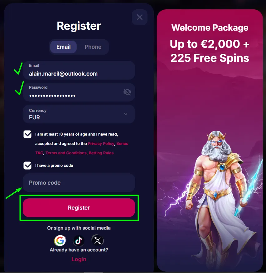 Page d'inscription NV Casino